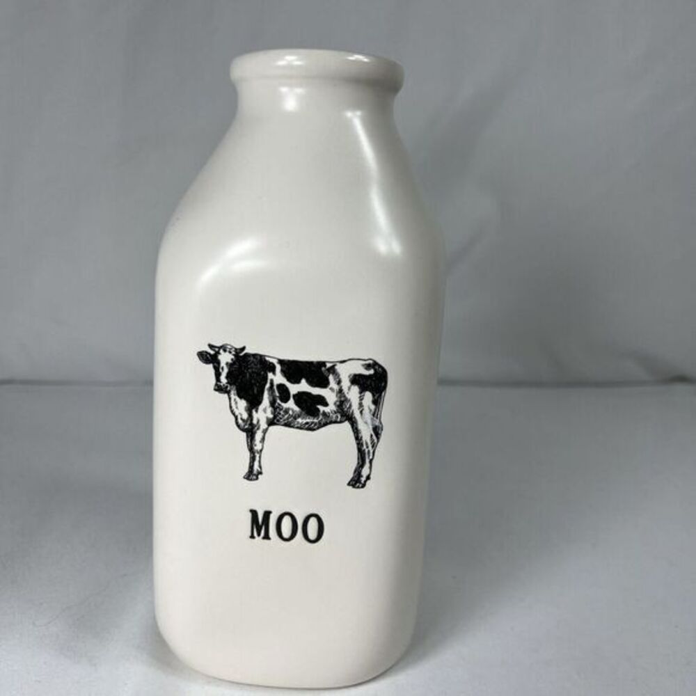 Rae Dunn 2023 Farmhouse White "MOO" Ceramic Milk Bottle Cow w/Black LL VHTF